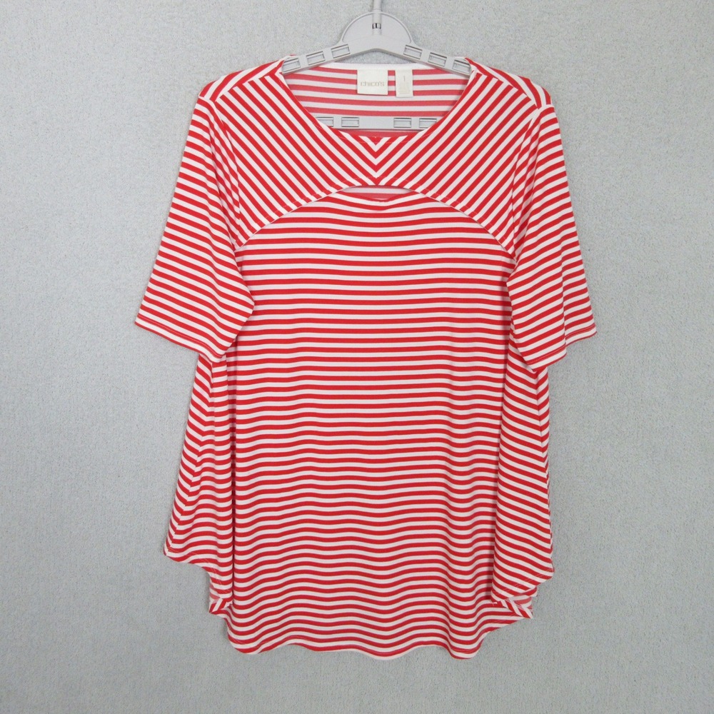 Chico's Striped Top Women Size 1 Red White Short Sleeve Keyhole Cutout Tunic